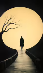 a man walking down a pathway at sunset