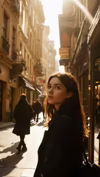 a woman is standing on the street in front of a building