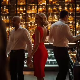 two men and a woman in formal wear are staring at many candles
