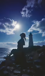 a man is sitting in the sand by some water