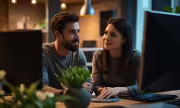 a man and woman smile at each other while sitting in front of a computer monitor