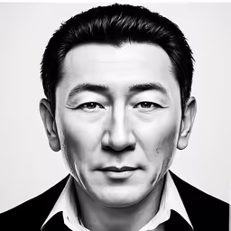 an asian male looking ahead with a black and white image