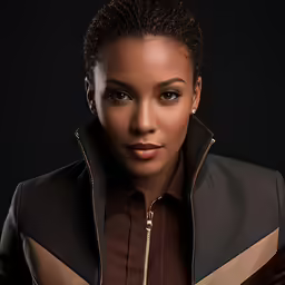 a black woman in a brown and black shirt, dark jacket, and necklace