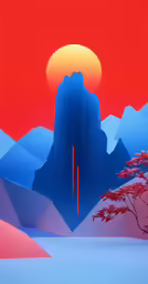 the artwork features mountains, trees, and a pink sunset