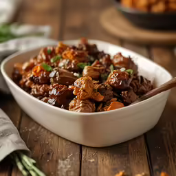 a white bowl filled with beef and mushrooms
