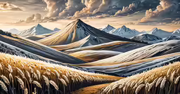 a painting of a landscape with snow capped mountains