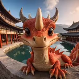 there is a statue of a dragon next to the water