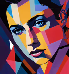 a painting that has many colors on it,a woman with blue eyes wearing colorful clothing