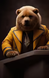a brown bear in a yellow jacket and tie posing