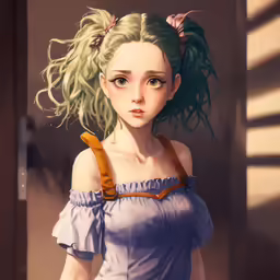 an animated avatar with green hair and blue eyes