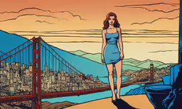 the girl in blue is walking across the bridge,a woman standing in front of the golden gate bridge