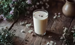 a drink sitting in a glass filled with liquid on a wooden table