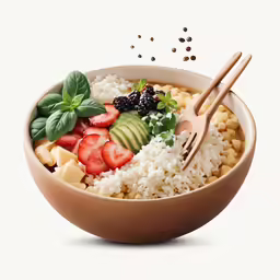 an apple and strawberries salad in a bowl with two serving utensils