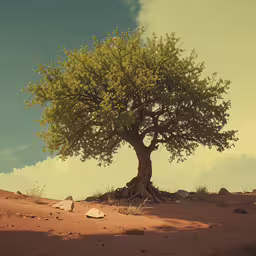 a small stone under a very big tree,a tree and another rock in the desert