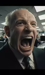 an old man is yelling into a very creepy expression