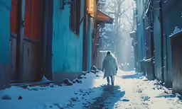a woman walking down a snowy street