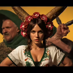 the young girl has horns on her head