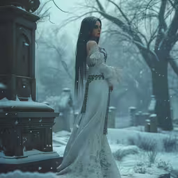 the woman is posing in a dress with a snowy landscape,a lady in white gown standing at a clock