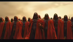 a line up of people wearing red outfits and with long black beards