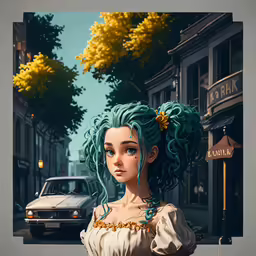 a digital painting of a woman with bright green hair