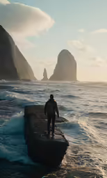 a man in a yellow jacket walks up to the ocean next to a large rock