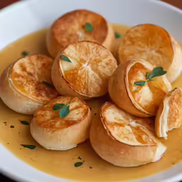 small round baked goods in gravy in a white bowl
