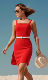 a beautiful woman in a red dress walking