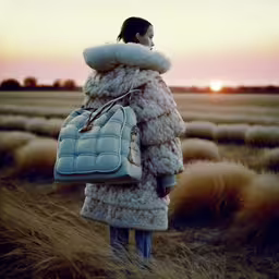 a woman with a bag standing in a field,a woman stands in a field holding a white handbag