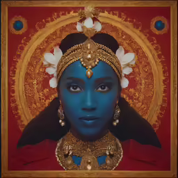 a painting of an indian woman wearing gold, blue and red