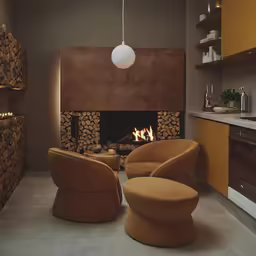 a cozy living room with fireplace and modern chairs