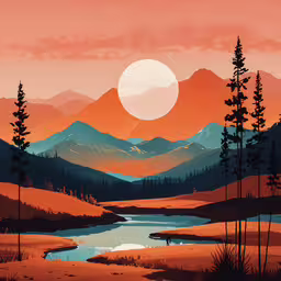 a painting shows mountains and trees under the sun,a sunset is over the mountains, a stream, and trees