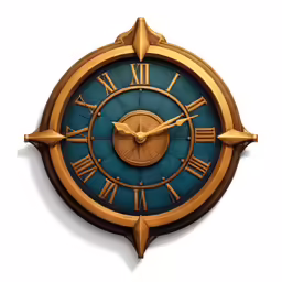 a gold and blue clock on a white wall