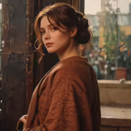 a young woman is standing near a window