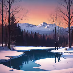 a man standing on a snowy hill overlooking a lake,a painting of the setting sun over the mountains