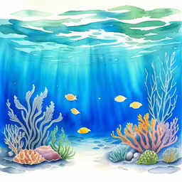 this is an image of under the sea,the underwater scene is painted in watercolor,an underwater scene with fishes, corals and algae,a drawing of an underwater scene with corals, coral reefs and fish,an image of an ocean scene with fish