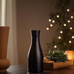 a table with a black bottle and plant sitting next to it