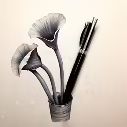 black pen sitting in a metal cup with a flower in it