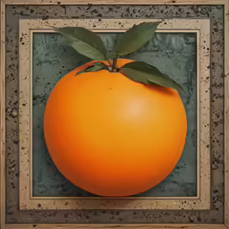 an orange with leaves on it, mounted inside a wood frame
