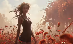a girl is standing in a field of red flowers