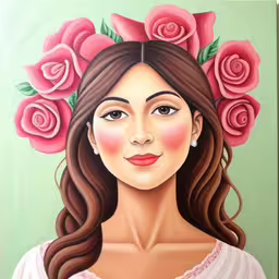 a portrait of a woman with long hair and roses in her hair,painting of a woman with long hair and a floral wreath