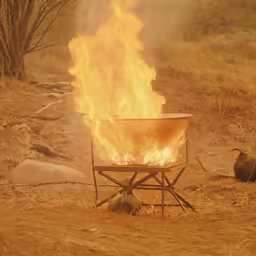 fire blazing in a metal basket sitting on dry grass
