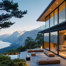 an outdoor couch is surrounded by greenery