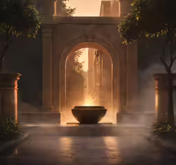 a fountain with light and shade pouring in it
