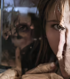 a girl holding her nose next to a window