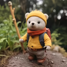 a small stuffed bear dressed in warm clothing walking