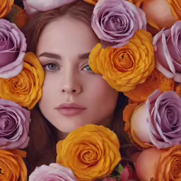 a woman with flowers surrounding her face