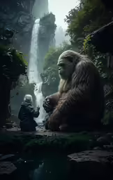 a large gorilla sitting on top of a lush green forest