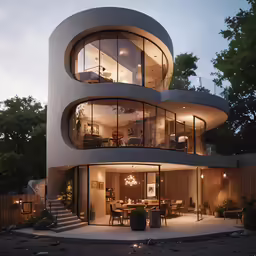 a round house with glass walls in the evening