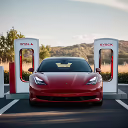 a red sports car is parked in front of two white gas pumps