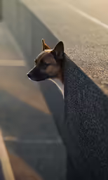 a small dog peaking its head through the side of a concrete barrier